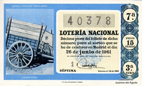Décimo de Lotería Nacional de 1961 Sorteo 18 - CARRETERIA