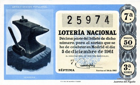 Décimo de Lotería Nacional de 1961 Sorteo 34 - HERRERIA