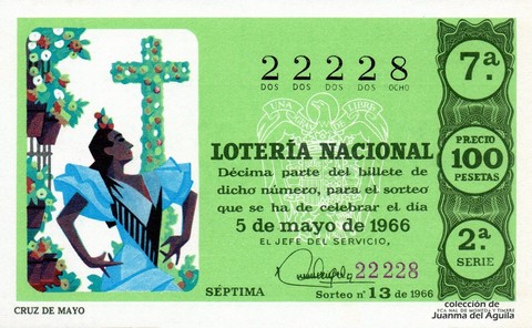 Décimo de Lotería Nacional de 1966 Sorteo 13 - CRUZ DE MAYO