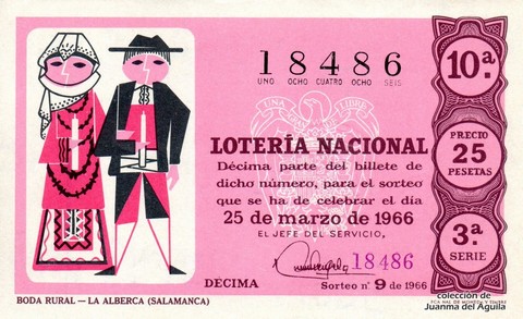 Décimo de Lotería Nacional de 1966 Sorteo 9 - BODA RURAL -- LA ALBERCA (SALAMANCA)