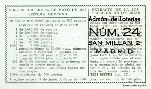 Reverso décimo de Lotería 1968 / 15