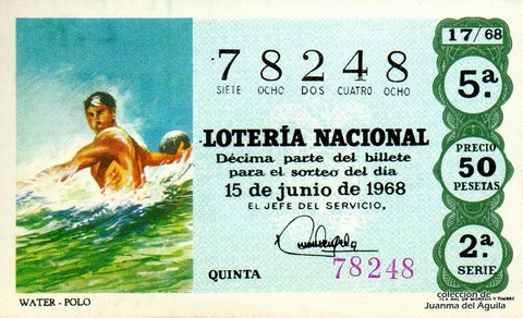 Décimo de Lotería Nacional de 1968 Sorteo 17 - WATER - POLO