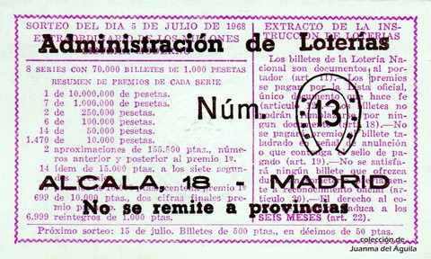 Reverso décimo de Lotería 1968 / 19