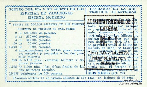 Reverso décimo de Lotería 1968 / 22