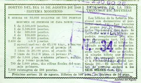Reverso décimo de Lotería 1968 / 23