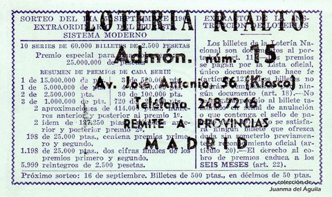 Reverso décimo de Lotería 1968 / 25