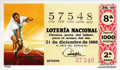 Décimo de Lotería Nacional de 1968 Sorteo 36 - TENIS