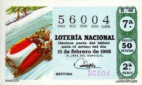 Décimo de Lotería Nacional de 1968 Sorteo 5 - BOBSLEICH