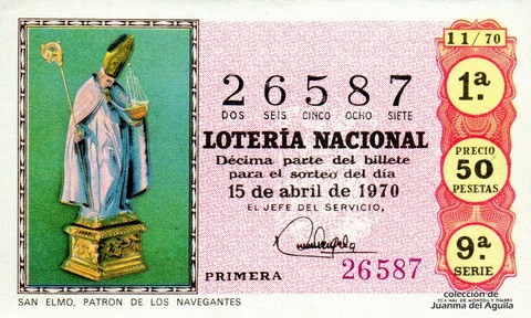Décimo de Lotería Nacional de 1970 Sorteo 11 - SAN ELMO. PATRON DE LOS NAVEGANTES