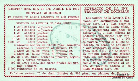 Reverso décimo de Lotería 1970 / 11