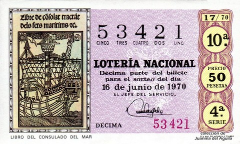 Décimo de Lotería Nacional de 1970 Sorteo 17 - LIBRO DEL CONSULADO DEL MAR