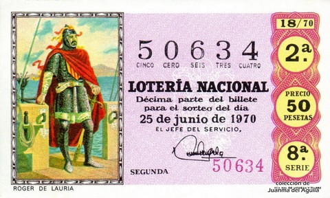 Décimo de Lotería Nacional de 1970 Sorteo 18 - ROGER DE LAURIA