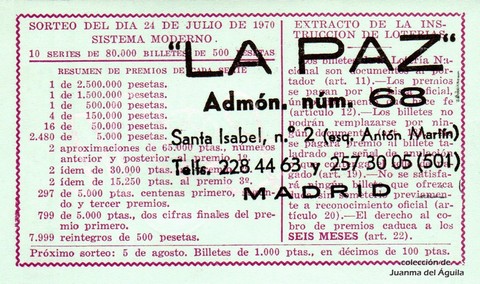 Reverso décimo de Lotería 1970 / 21