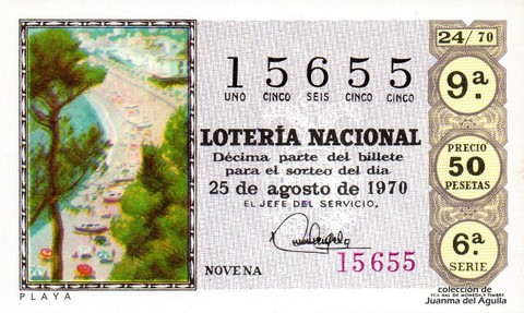 Décimo de Lotería Nacional de 1970 Sorteo 24 - P L A Y A