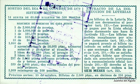 Reverso décimo de Lotería 1970 / 28