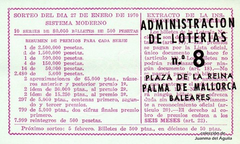 Reverso décimo de Lotería 1970 / 3