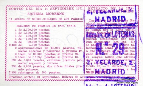 Reverso décimo de Lotería 1971 / 28