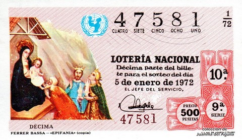 Décimo de Lotería Nacional de 1972 Sorteo 1 - FERRER BASSA - «EPIFANIA» (copia)