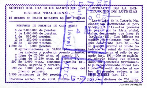 Reverso del décimo de Lotería Nacional de 1972 Sorteo 10