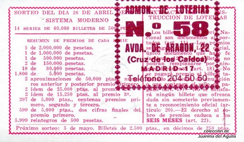 Reverso del décimo de Lotería Nacional de 1972 Sorteo 13