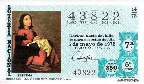 Décimo de Lotería Nacional de 1972 Sorteo 14 - ZURBARAN - «LA VIRGEN NIÑA REZANDO» (copia)