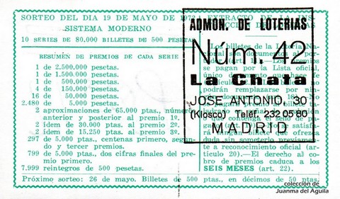 Reverso del décimo de Lotería Nacional de 1972 Sorteo 16