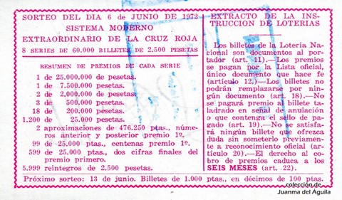 Reverso del décimo de Lotería Nacional de 1972 Sorteo 18