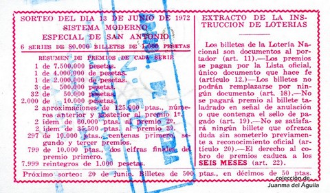 Reverso del décimo de Lotería Nacional de 1972 Sorteo 19