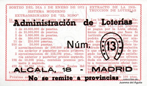 Reverso del décimo de Lotería Nacional de 1972 Sorteo 1