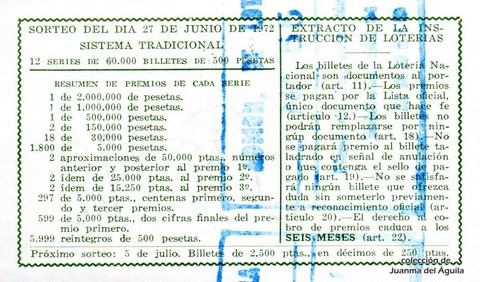 Reverso del décimo de Lotería Nacional de 1972 Sorteo 21