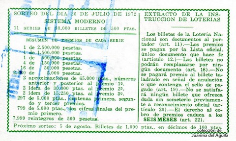 Reverso del décimo de Lotería Nacional de 1972 Sorteo 24