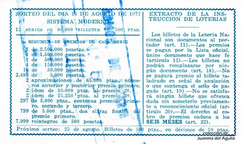 Reverso del décimo de Lotería Nacional de 1972 Sorteo 26
