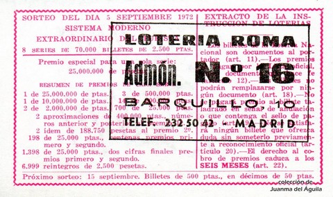 Reverso del décimo de Lotería Nacional de 1972 Sorteo 28