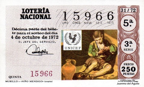 Décimo de Lotería Nacional de 1972 Sorteo 31 - MURILLO - «NIÑO MENDIGO» (copia)