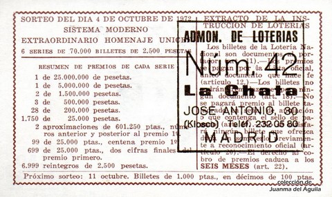 Reverso del décimo de Lotería Nacional de 1972 Sorteo 31
