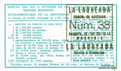Reverso del décimo de Lotería Nacional de 1972 Sorteo 32