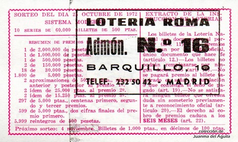 Reverso del décimo de Lotería Nacional de 1972 Sorteo 34