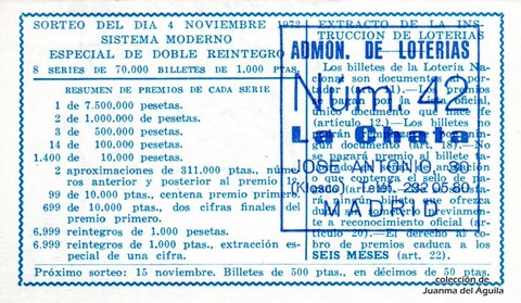 Reverso del décimo de Lotería Nacional de 1972 Sorteo 35