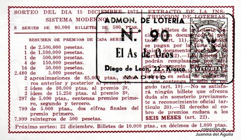 Reverso del décimo de Lotería Nacional de 1972 Sorteo 39