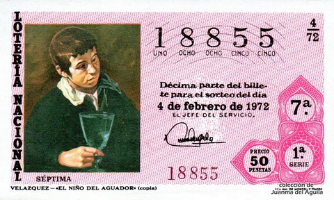 Décimo de Lotería Nacional de 1972 Sorteo 4 - VELAZQUEZ - «EL NIÑO DEL AGUADOR» (copia)