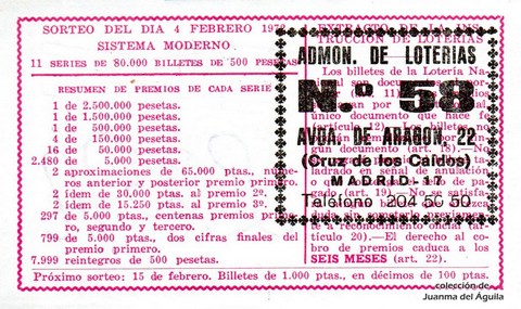 Reverso del décimo de Lotería Nacional de 1972 Sorteo 4