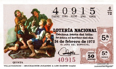 Décimo de Lotería Nacional de 1972 Sorteo 6 - VILLAVICENCIO - «MUCHACHOS JUGANDO A LOS DADOS» (copia)