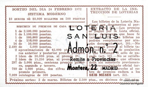 Reverso del décimo de Lotería Nacional de 1972 Sorteo 6