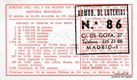 Reverso del décimo de Lotería Nacional de 1972 Sorteo 8