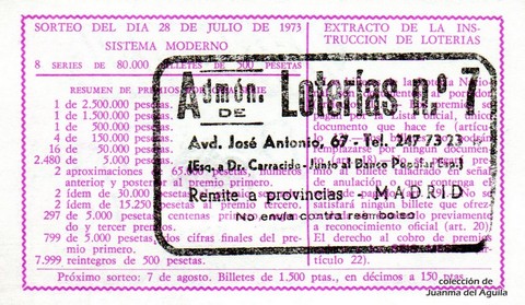 Reverso del décimo de Lotería Nacional de 1973 Sorteo 24
