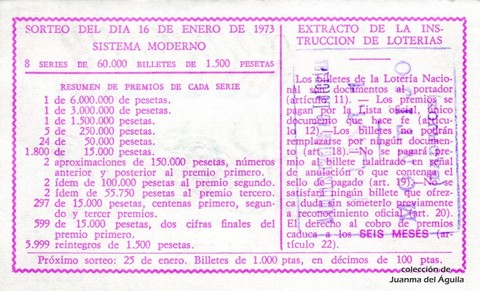 Reverso del décimo de Lotería Nacional de 1973 Sorteo 2