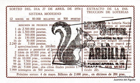 Reverso del décimo de Lotería Nacional de 1974 Sorteo 15
