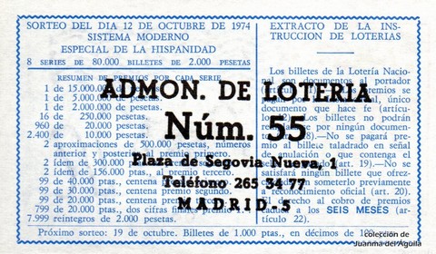 Reverso del décimo de Lotería Nacional de 1974 Sorteo 36