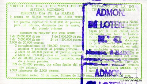 Reverso del décimo de Lotería Nacional de 1975 Sorteo 17