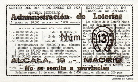 Reverso del décimo de Lotería Nacional de 1975 Sorteo 1